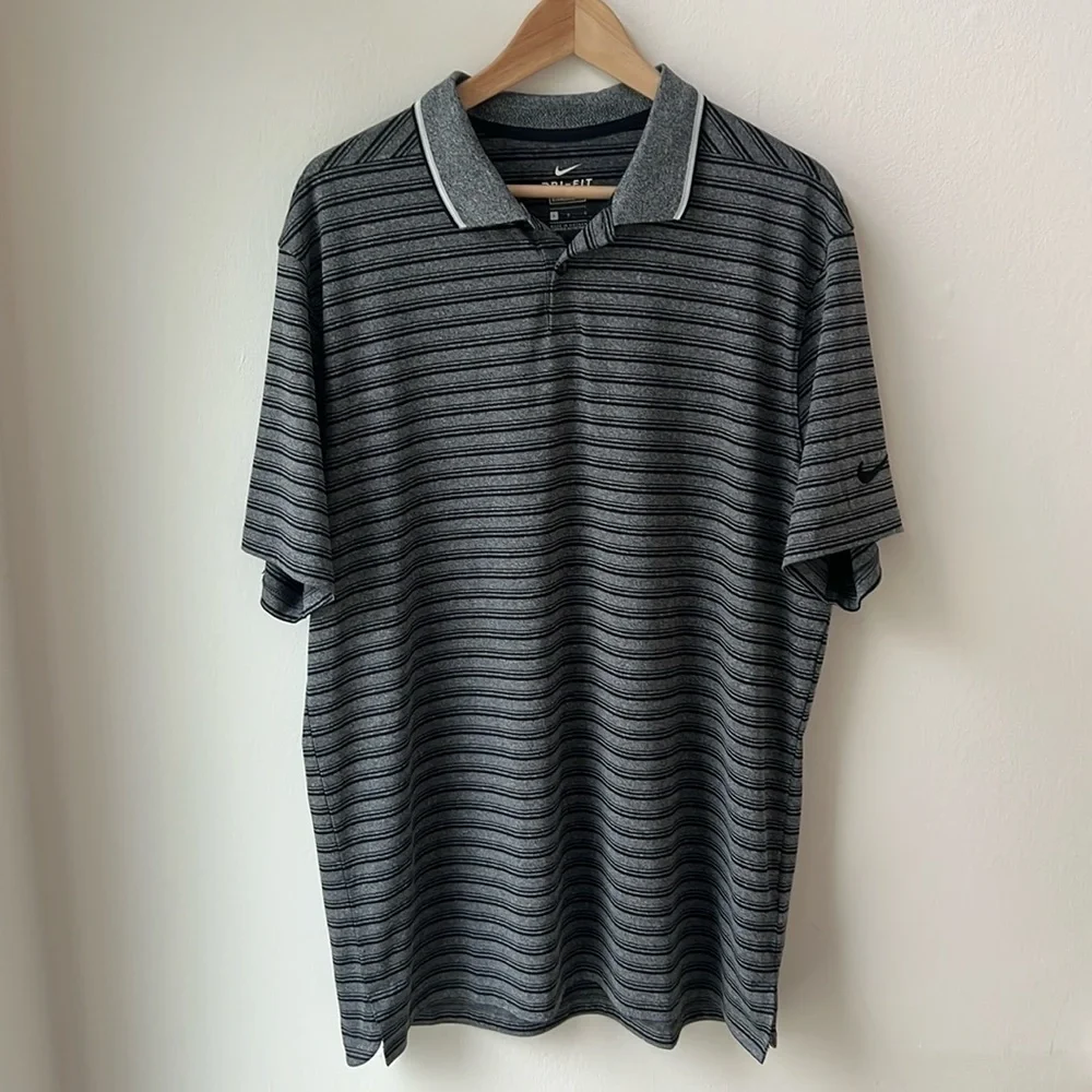 Men's Nike Golf Polo DRI-FIT Vapor Black Gray Striped Size Large